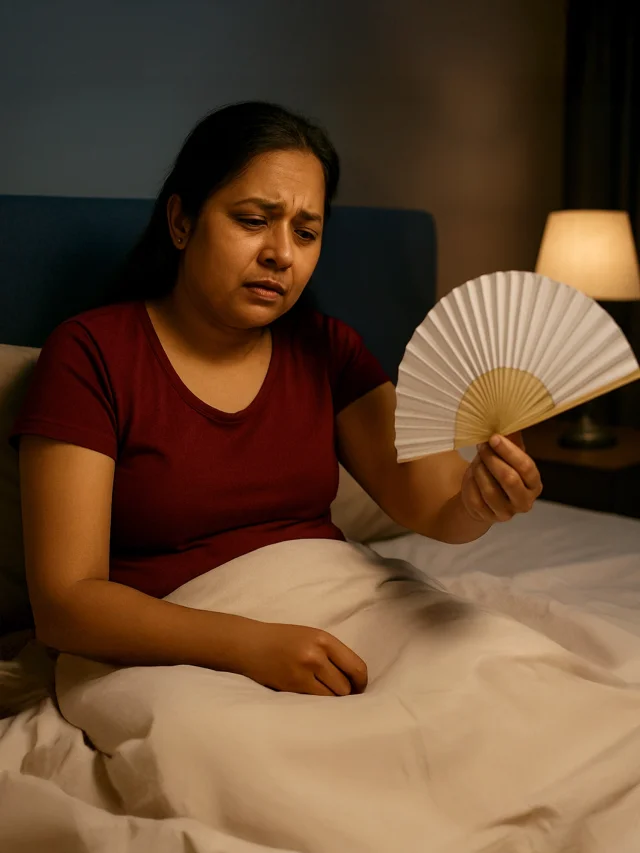 Woman sitting up in bed at night, fanning herself to stay cool.