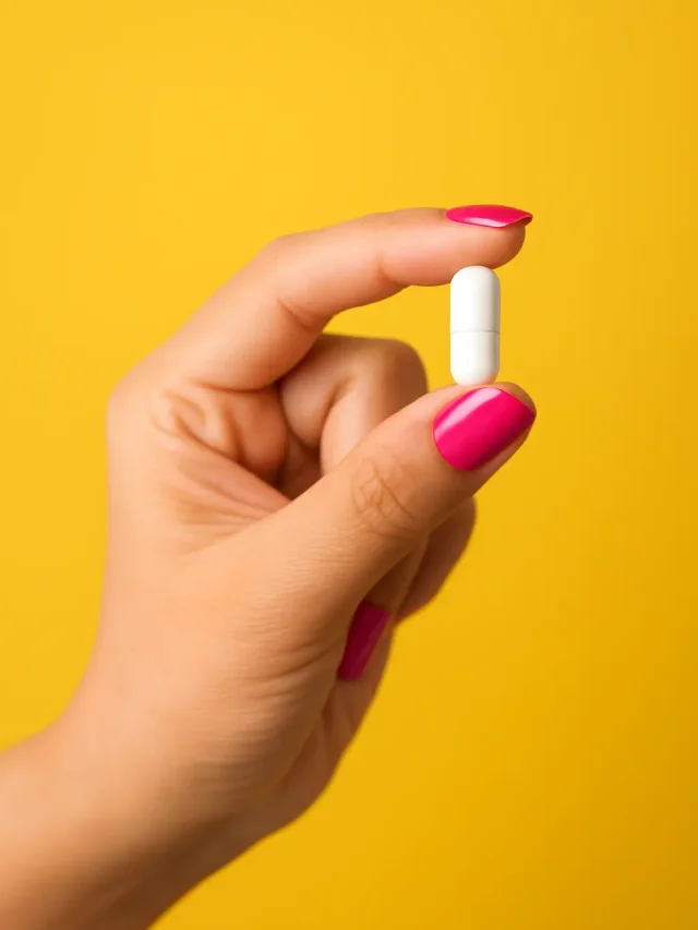 A hand holding a white supplement tablet.
